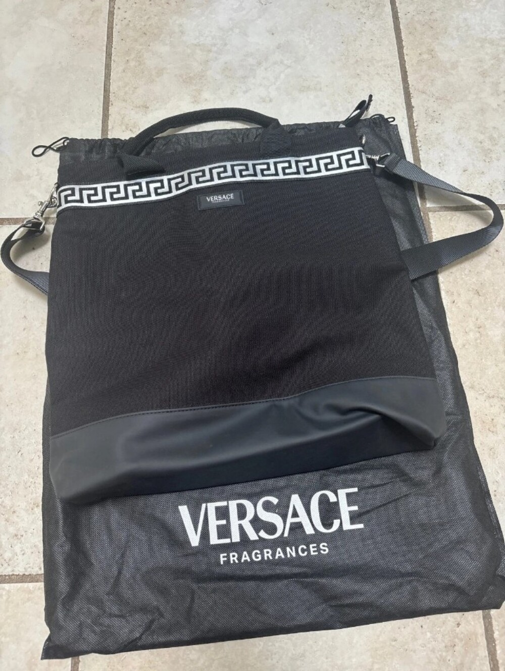 Versace Black Messenger Bag with White Greca Trim